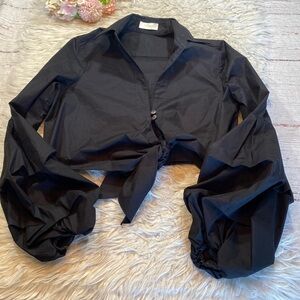 NWOT Petersyn Silvia Black Tie Front Cropped Puff Sleeve Top sz S